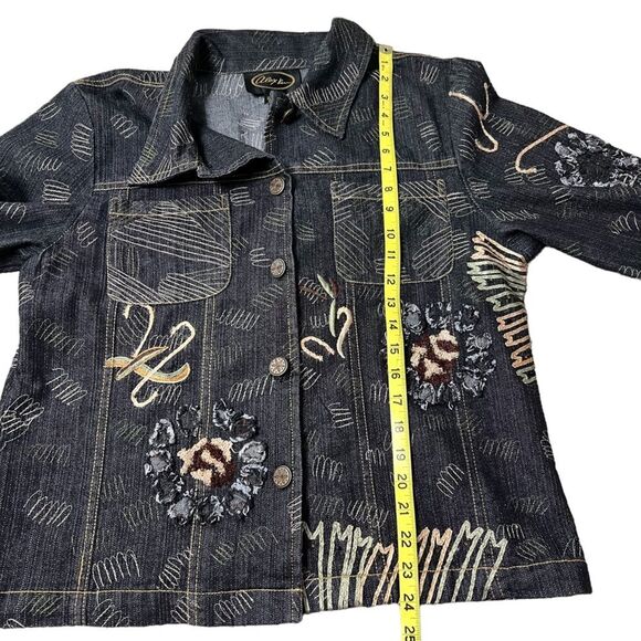 Alex Kim Embroidered Denim Jacket Large Washed Black Tan - Picture 9 of 11